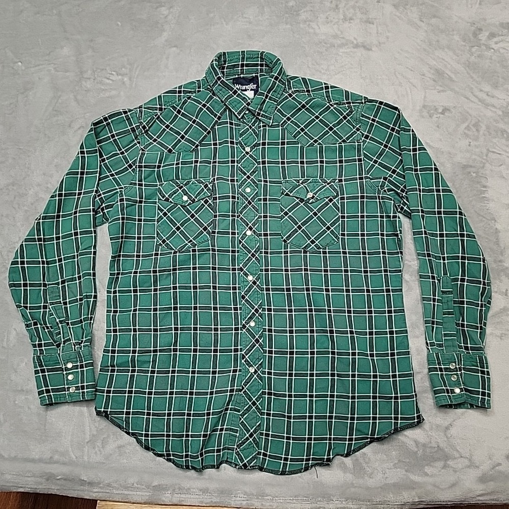 Wrangler Shirt Mens L Green Plaid Western Snap Button Down Flannel Cowboy